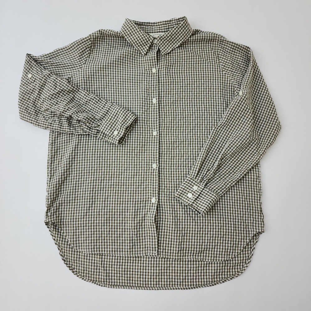 Max Studio Olive Green Gingham Button Down Shirt Roll Tab Sleeve Large